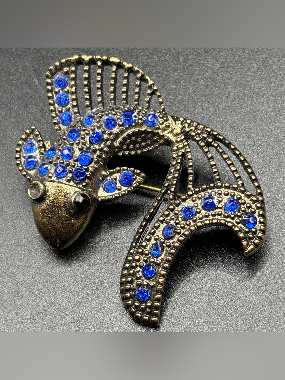Vintage Blue Rhinestone Betta Fish Brooch Antique Brass Fantail Animal Pin 1.75"